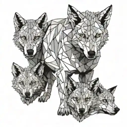She-wolf with two wolf cubs each on one side facing and standing and the she-wolf protecting, in the geometric style totally tattoo design idea