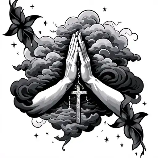 tattoo with vertical cloud waves horizontal down forearm, stars incorporated in clouds and praying hands and cross neckl tattoo design idea