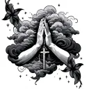tattoo with vertical cloud waves horizontal down forearm, stars incorporated in clouds and praying hands and cross neckl tattoo design idea
