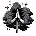 tattoo with vertical cloud waves horizontal down forearm, stars incorporated in clouds and praying hands and cross neckl tattoo design idea