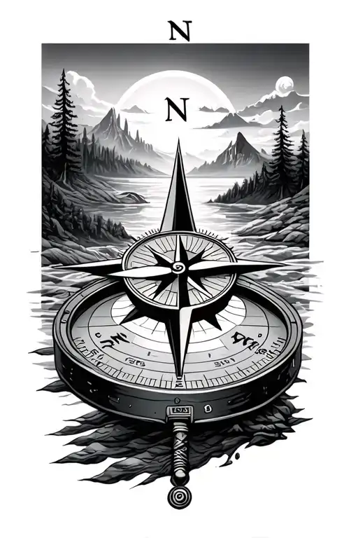 compass with scenery  tattoo design idea