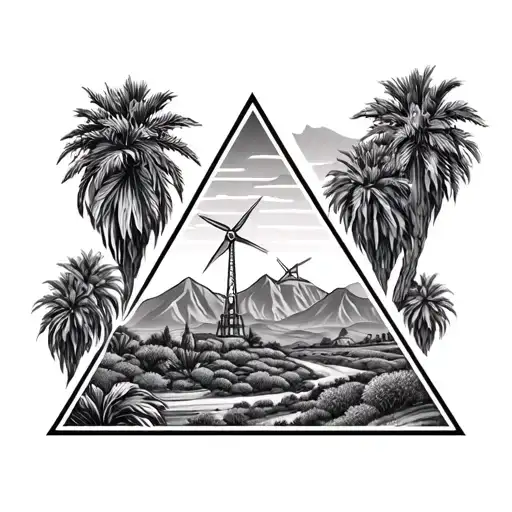 3 triangles different sizes, within the triangles are palm springs mountains with windmills tattoo design idea