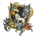 Crescent Moon and Wolf and Phoenix tattoo design idea