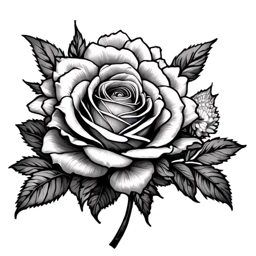 Rose, marrigold, and chrysanthemum growing from the middle bicep tattoo design idea