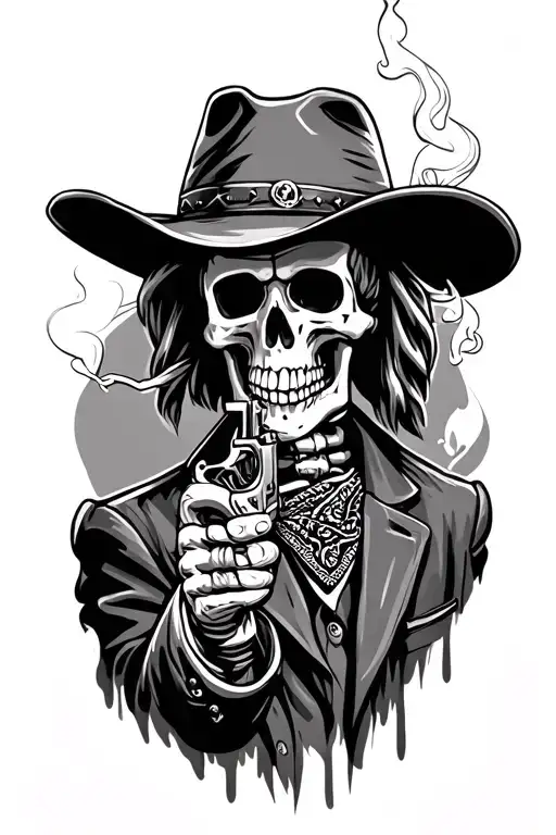 skeleton cowboy with bandana and hat smoking cigarette with a revolver pistol tattoo design idea