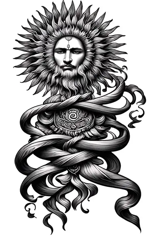 sun and bow and mahabharat inspiring lines connecting various tattoo design idea