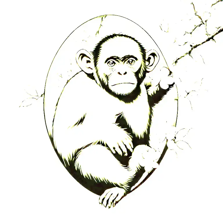 monkey hanging on cherry blossom tree with leaves blowing on to shoulder tattoo design idea