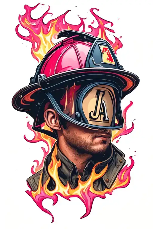 pink fire background and in the center a firefighter helmet with the initials J A tattoo design idea