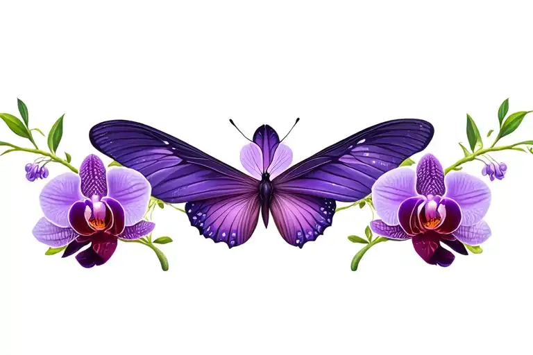 purple Butterfly  with lilac Orchid  tattoo design idea
