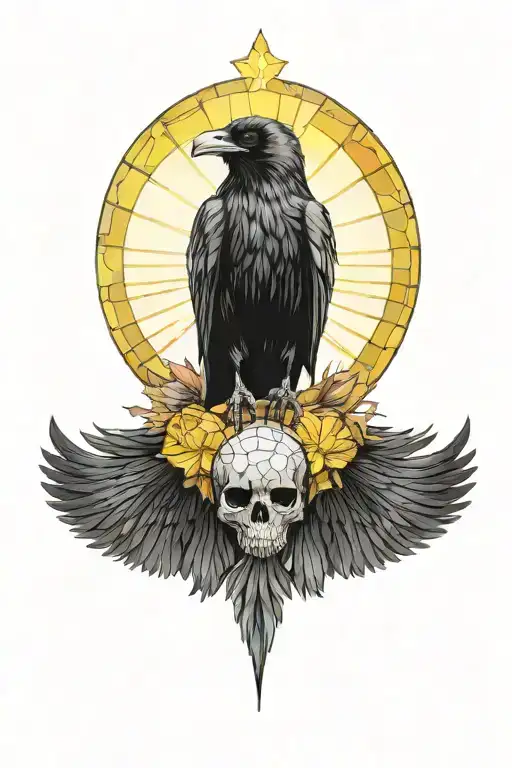 raven on skull with wings out in front of a large stained glass window background black with a bright sun tattoo design idea