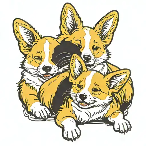 a yellow and white Corgi dog with an infant Chinese girl sleeping tattoo design idea