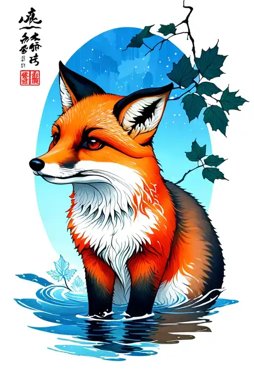 Fox, water, Maple leafs, japanese style tattoo design idea