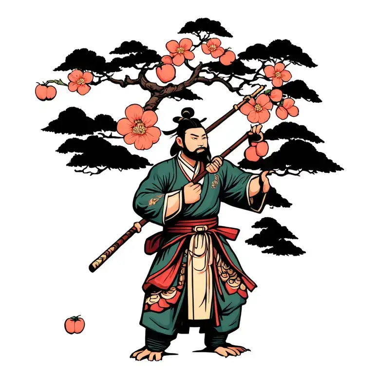 kind tortoise kind kung fu master with staff at peach tree scene tattoo design idea