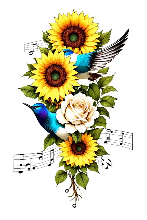 swallow; white rose sunflowers intertwined,add musical notes tattoo design idea