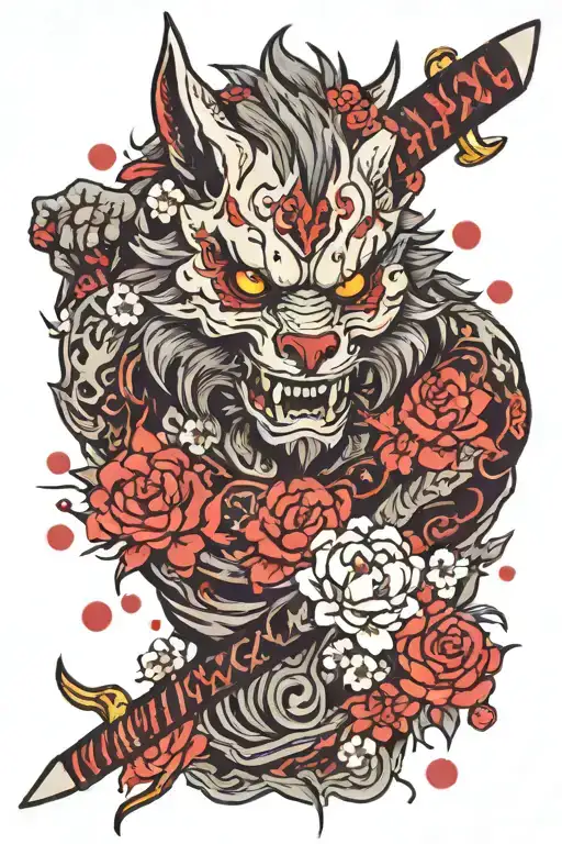 oni wolf demon head with Japanese flowers and cherry blossoms around his head with a Japanese katana in wolf's mouth tattoo design idea