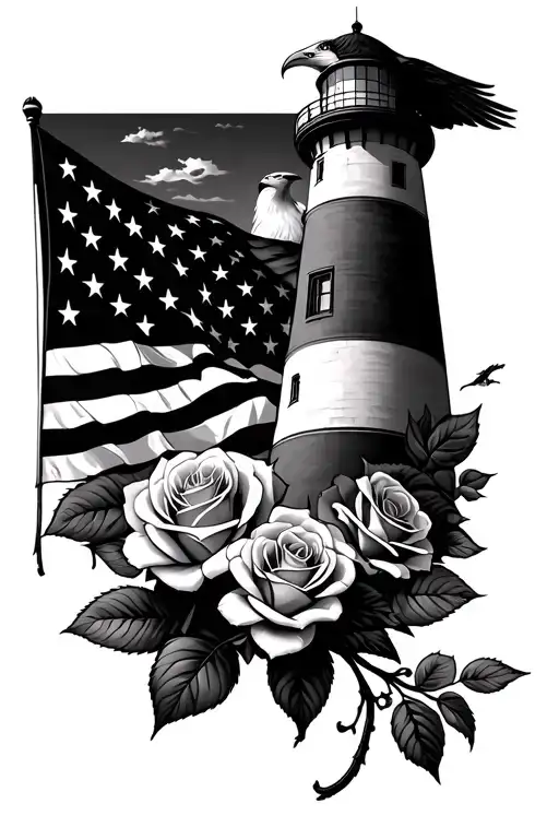 lighthouse and roses and eagle and american flag background tattoo design idea