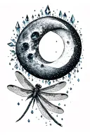waining crescent moon, point crystals growing from side and a dragon fly tattoo design idea