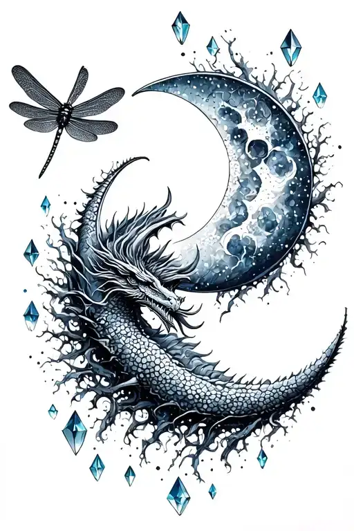 waining crescent moon, point crystals growing from side and a dragon fly tattoo design idea