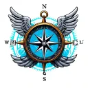 Create an profile avatar featuring a compass with wings featuring MTFL. Use colors like blue, black, and silver with lig tattoo design idea