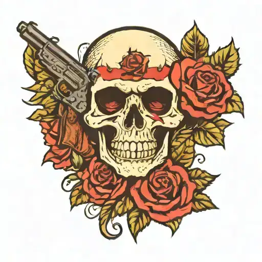 skull with rose and gun inside the eye holes tattoo design idea