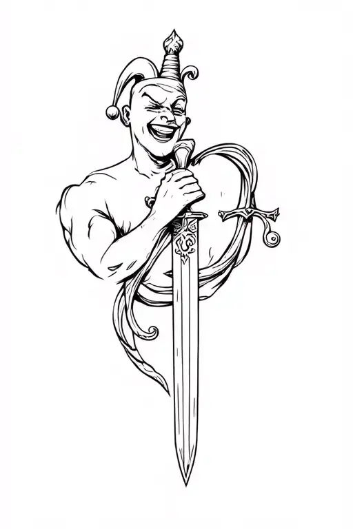 Jester laughing at a damocles sword going tattoo design idea