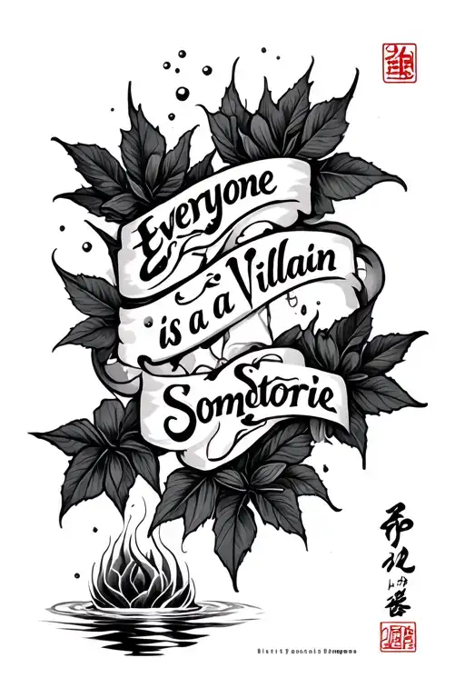 Japanese style half sleeve tattoo with waterand leafs incorporate the words everyone is a villain in someone's storie tattoo design idea