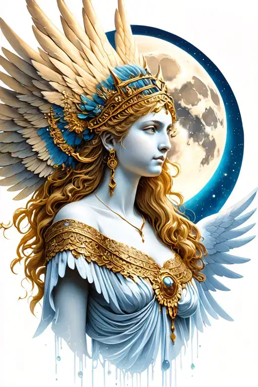 freya goddess bust wings hanging down full moon tattoo design idea