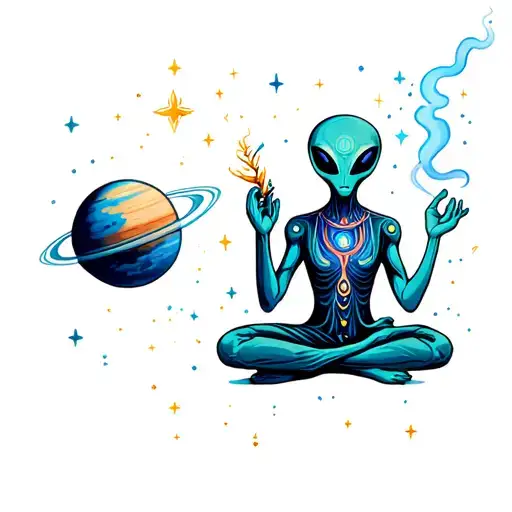 meditating alien smoking a joint surrounded by stars with the planets as yoga chakra  tattoo design idea