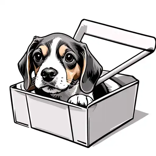 Create a juice box, with a straw. In the center of the juice box is a very old, small beagle with flottpy ears. tattoo design idea