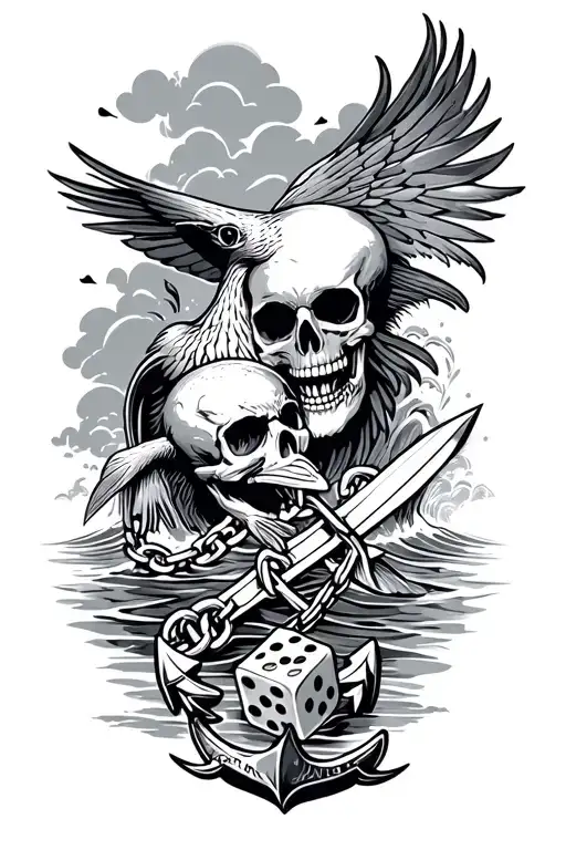small anchor at bottom of wrist, skull, dagger, dice, chain, hawk attacking a fish out of water, with a wave/ cloud back tattoo design idea