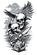 small anchor at bottom of wrist, skull, dagger, dice, chain, hawk attacking a fish out of water, with a wave/ cloud back tattoo design idea