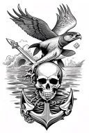 small anchor at bottom of wrist, skull, dagger, dice, chain, hawk attacking a fish out of water, with a wave/ cloud back tattoo design idea