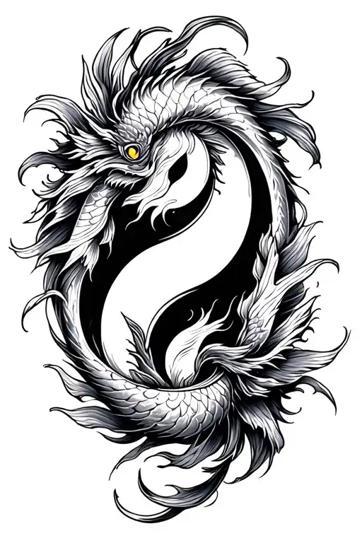 Recreate in a japanese tattoo style the flux of yin yang with a koi fish facing up and a dragon facing down tattoo design idea