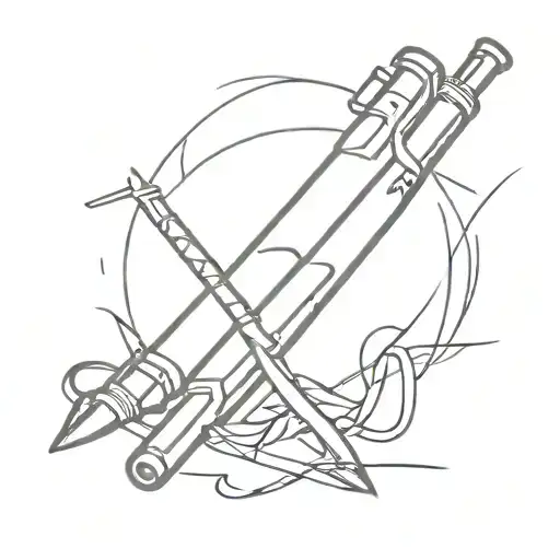 Software code intertwined with cricket stumps and a gun tattoo design idea