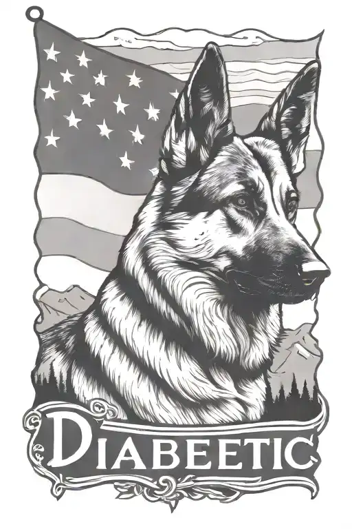 portrait of German shepherd saying "diabetic" mountain scene American flag tattoo design idea