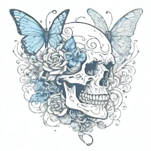 A music-themed tattoo incorporating a skull and a blue butterfly tattoo design idea