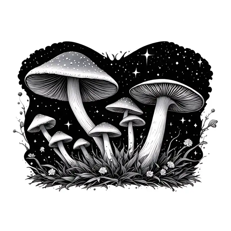 galaxy of stars and mushrooms tattoo design idea