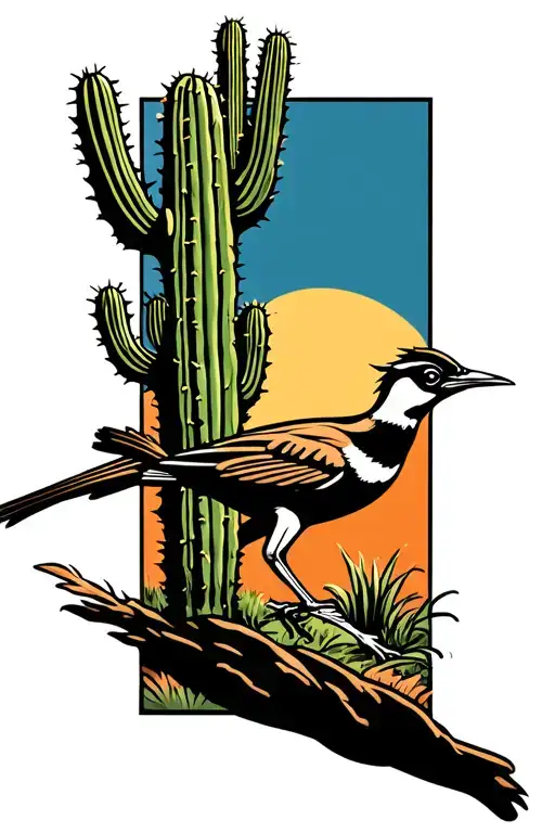 roadrunner sprinting with cactus and yucca plant intertwined tattoo design idea
