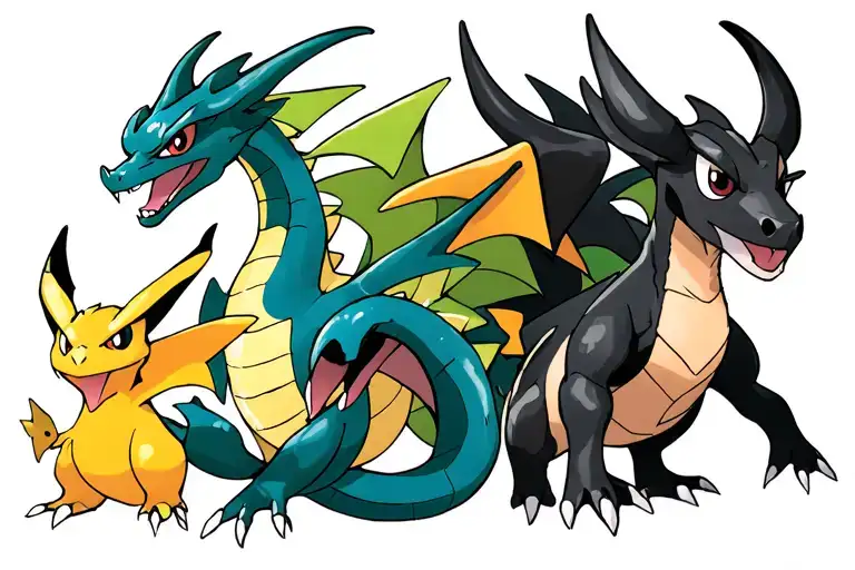 Rayquaza, Gyarados, Galarian Moltres, Mimikyu, Houndoom, and Grovyle, with blank space around mid to low forearm tattoo design idea