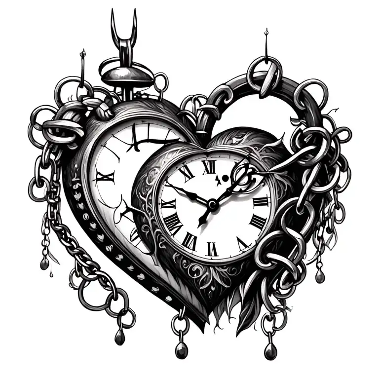Heart clock chain tattoo design idea