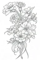 vertical arrangement of carnations, snowdrops, morning glory and aster. include four pointed stars and dots  tattoo design idea