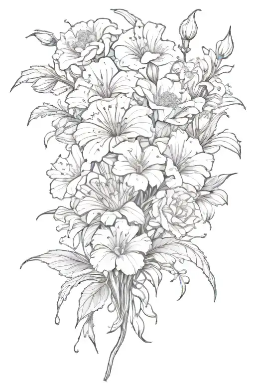 vertical arrangement of carnations, snowdrops, morning glory and aster. include four pointed stars and dots  tattoo design idea