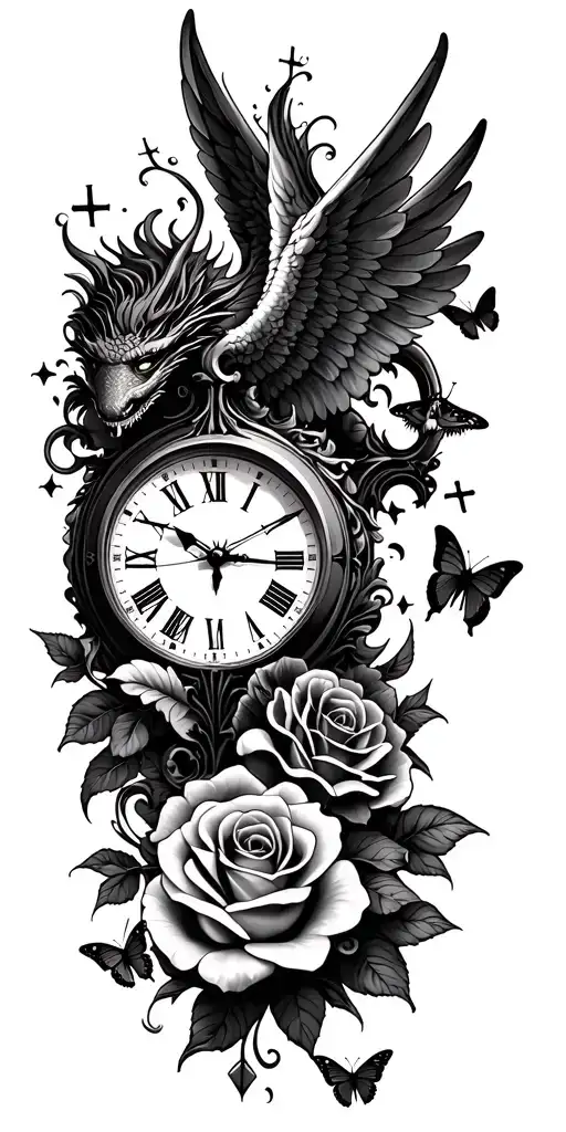 clock face, angel falling, roses, eye, dragon,  cross, butterfly tattoo design idea