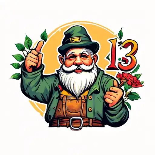 garden gnome cholo holding up "13" finger tattoo design idea