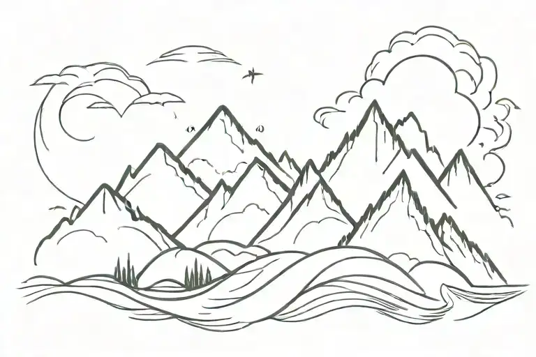 Ocean wave merging into a mountain range, merging into a flame trail, merging into a bunch of clouds as a line tattoo design idea