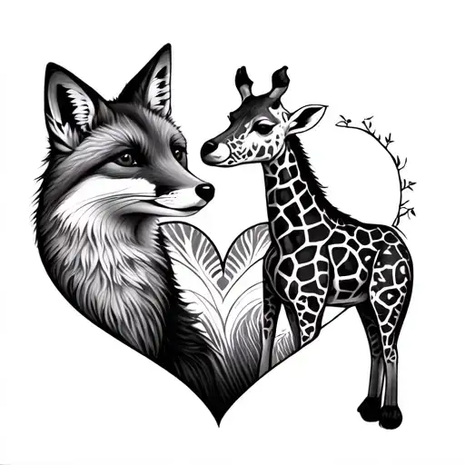 fox and giraffe in heart tattoo design idea