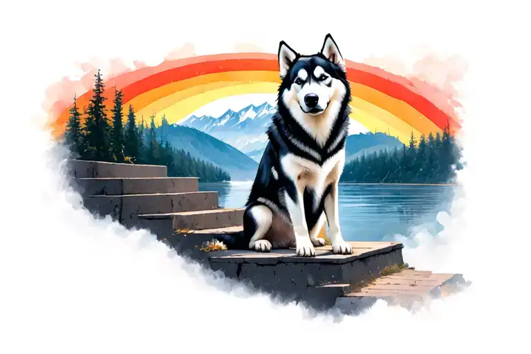 husky silloete sitting at the steps of the rainbow bridge looking back them one last time  tattoo design idea