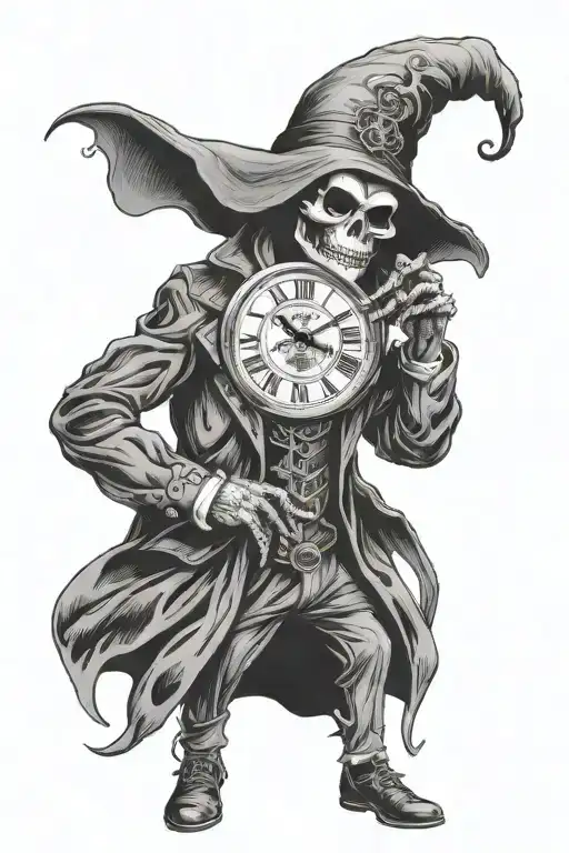 a grim reaper in a willy wonka suit holding a time piece  tattoo design idea