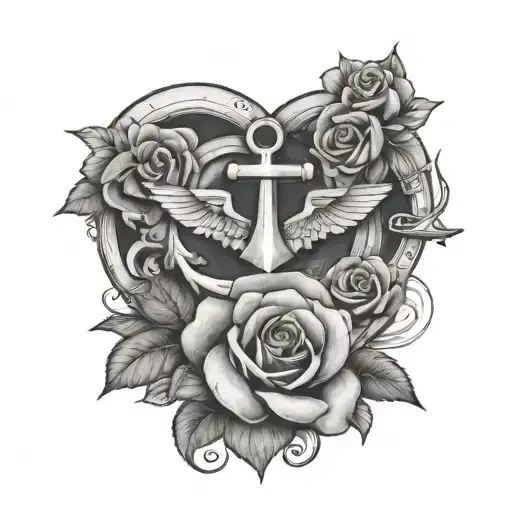plane, anchor, rose, halo, black and white heart tattoo design idea