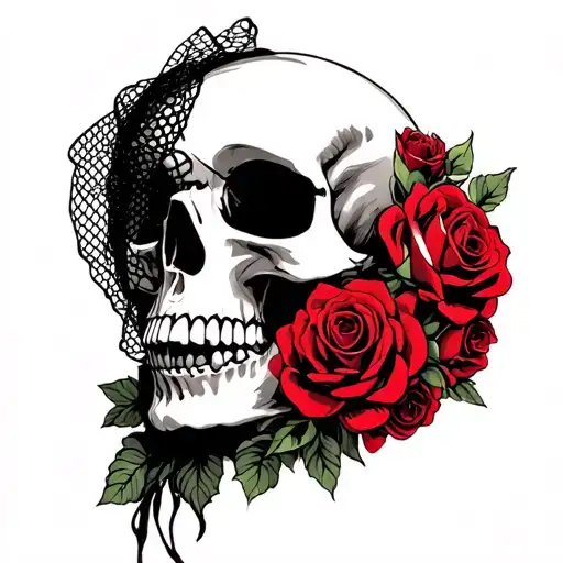 A skull with a bouquet of red roses and black veil decoration on the right side of the head tattoo design idea